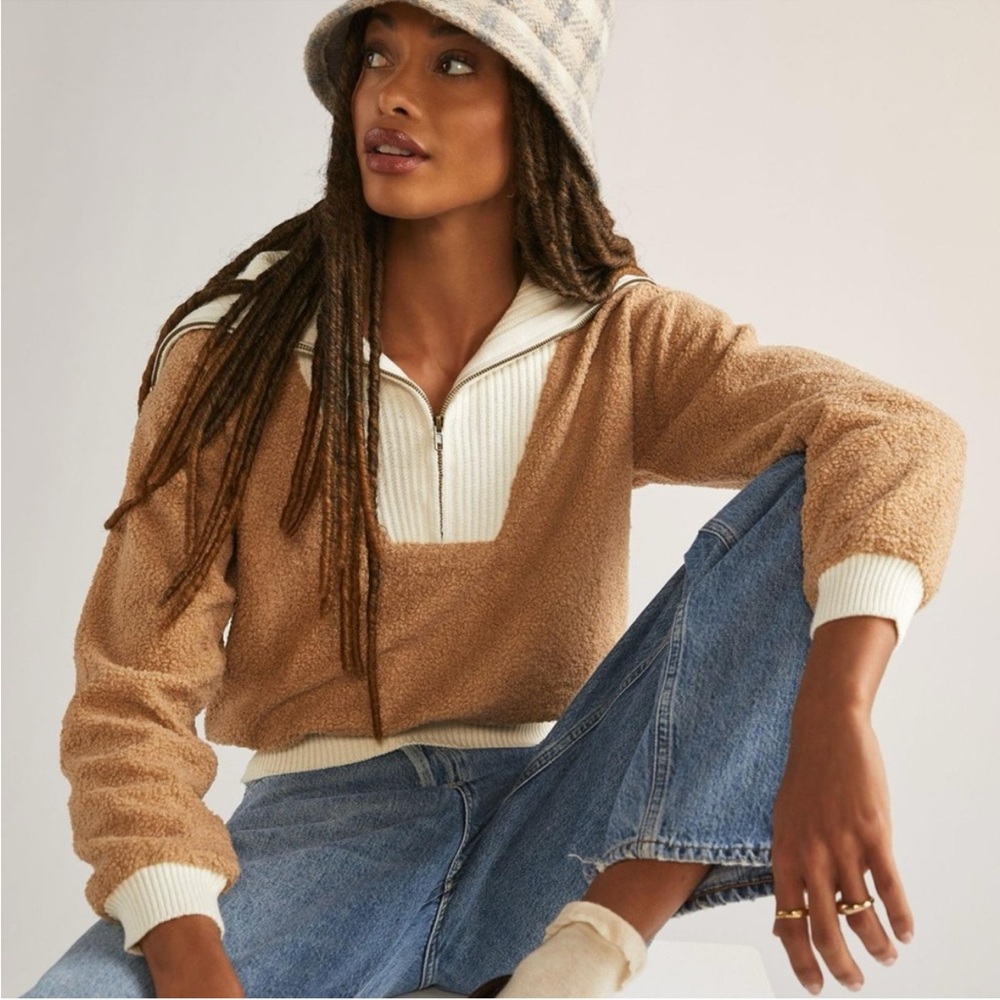 Anthropologie Beige White Dolan Left Coast Sherpa Quarter Zip Pullover Sweater